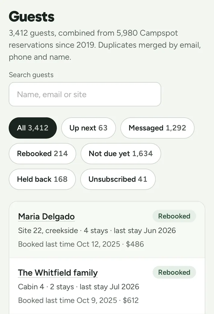 Guest list with status filters: up next, messaged, rebooked, held back and unsubscribed.