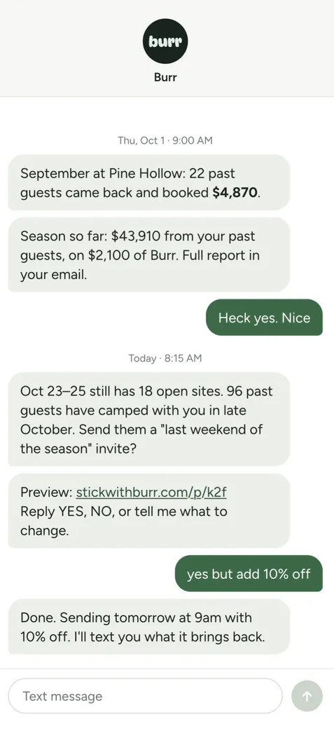 Text thread from Burr with monthly results and a reply-to-approve idea for an open weekend.